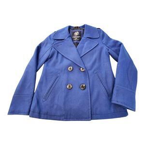 AMERICAN EAGLE OUTFITTERS Womens Medium Blue Collared Wool Blend Pea Coat Jacket